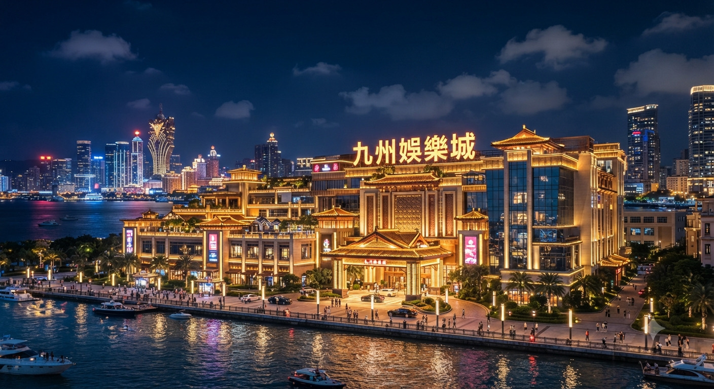 這是一張澳門夜景的全景照片，核心是一座結合了傳統中式飛簷與現代玻璃幕牆的大型綜合娛樂城，外牆霓虹燈醒目地顯示著「九州娛樂城」字樣。 建築物座落在繁忙的海濱長廊旁，燈火輝煌，與遠處澳門半島標誌性的旅遊塔和繁華的城市天際線交相輝映，港灣中船隻穿梭，岸邊遊人如織。