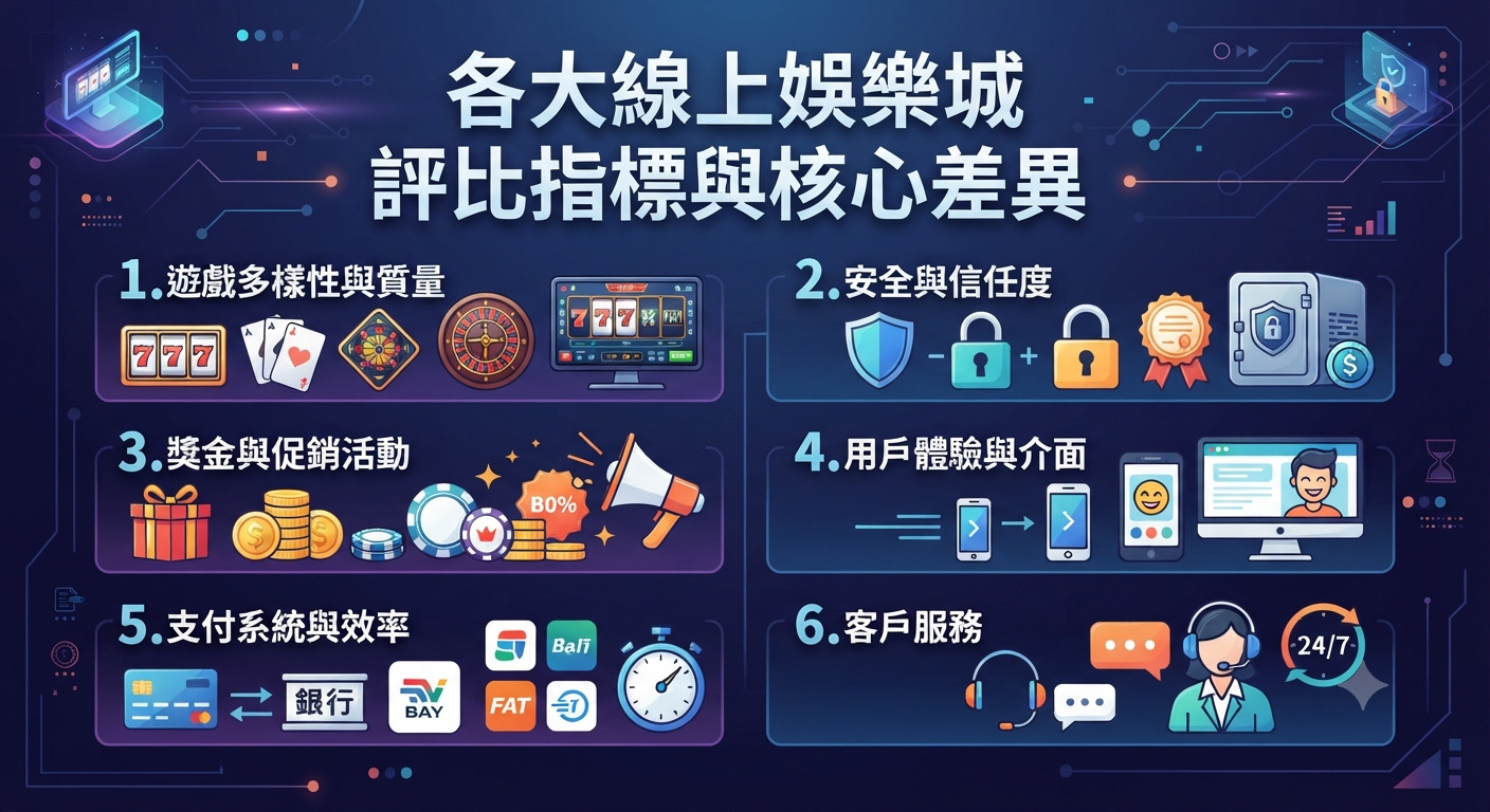 圖片展示了各大線上娛樂城的評比指標與核心差異，並以圖表分類列出遊戲多樣性、安全性、獎金優惠、用戶體驗、支付系統及客戶服務等六大重點。 整體的設計採用深藍色科技感風格，突顯出各項評比指標的條理與核心差異。